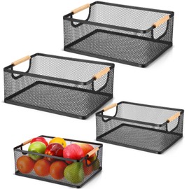 Rtteri 4 Pack Black Metal Wire Basket with Wood Handle 2 Size Metal Mesh Wire Storage Bin Basket for Pantry Snacks Storage Kitchen Organizing