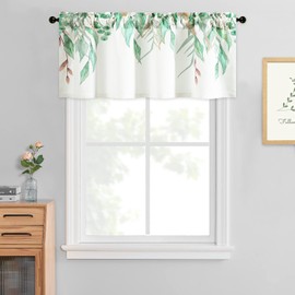 Leeva Farmhouse White Valances for Windows, Meticulous Green Leaf Print Window Toppers Valances for Kitchen, Rod Pocket Curtains for Bedroom Living Room, One Panel, 52x18