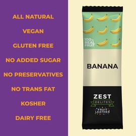 Fruit Snacks by Zest Delites, Fruit Leather, Banana Fruit Bars, Healthy Snacks for Adults, Dried Fruit No Sugar Added, Apple-Based, Banana, 0.88 oz x 10