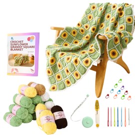 CSWCS Crochet Blanket Kit for Beginners, Sunflower Granny Square Crochet Blanket Kit for Adults, Easy Learn How to Knitting with Yarn Accessories Book & Video Tutorials for Starter (47" x 39")