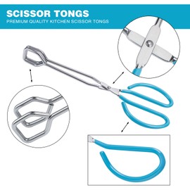 MSY BIGSUNNY Scissor Tongs Heavy Duty Cooking Tongs with Soft Handles (Stainless Steel, blue 10")