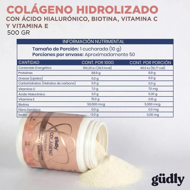 Colágeno Hidrolizado Gudly Ácido Hialurónico Biotina 500gr Sabor Sin Sabor