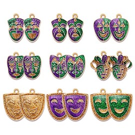 NVENF 18PCS Mardi Gras Charms for Jewelry Making, Crown Jester Mask Fleur-de-lis Pendant Charms for DIY Bracelet Necklace Earrings Crafts Carnival Mardi Gras Accessory (18PCS Mask)