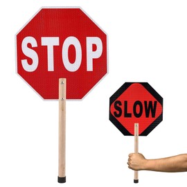 Handheld Stop Slow Double Sided Sign, 13" Aluminum Metal Reflective Crossing Guard Stop Sign Traffic, Stop Slow Sign with Wood Handle(1PCS)