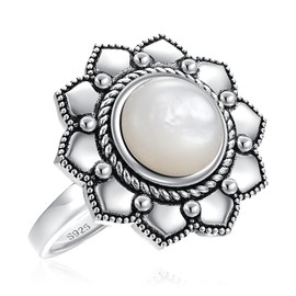 AVECON Lotus Flower Statement Ring for Women 925 Sterling Silver Ring White Mother of Pearl Ring Jewelry Gifts for Women Size 7