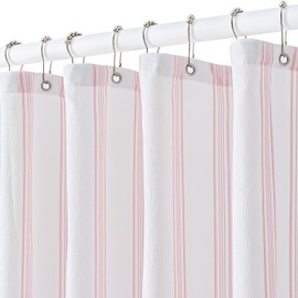 ORTIGIA Pink and White Striped Shower Curtain with 12 Metal Hooks, Crinkled Lightweight Textured Fabric Modern Farmhouse Minimalist Bathroom Curtain 72x72 Inch