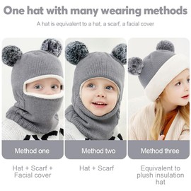 mizikuu Slip-On Hat Baby Knitted Hat Bobble Fleece Lining Warm Cute Winter Hat Warm Hat and Scarf Set Beanie Hat Soft Cotton Caps Scarves Hats for Boys Girls 2-7 Years, gray