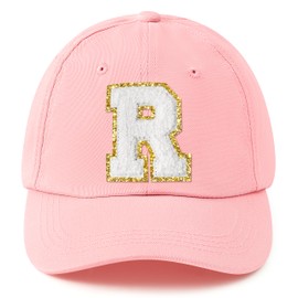 B1ykin Women's Baseball Cap Adjustable White Chenille Letter Patch Pink Hat, White Alphabet Cloth Patch Iron Gold Border Sew Pink Cap, Classic Sports Washed Cotton Hats for Girls Women