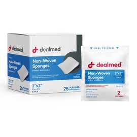 Dealmed Premium Non-Woven Sponges – 2" x 2" 4-Ply Non-Woven Gauze Pads, 25 Pouches, 2 Per Pouch, Absorbent Gauze Sponges, Wound Care Product for First Aid Kits and Medical Facilities