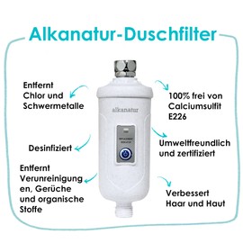 Shower Filter, Anti Limescale and Chlorine Filter, Eco-Friendly, No Limescale Sulphite E226, Water Filter, Removes Heavy Metals, Shower Filter for Hair and Skin, 30,000 L, Easy Installation Alkanatur