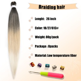 Pre Stretched Braiding Hair 26 Inch 8 Packs Braiding Hair Ombre Blonde 3 Tones Soft Yaki Texture Kanekalon Crochet Hair Braids Itch Free Hot Water Setting (26inch 8packs 1B/27/613#)
