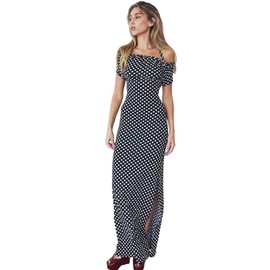 ASEDRFQ Women's Elegant Halter Neck Bodycon Maxi Dress Sexy Hollow Out Short Sleeve Party Vocation Polka Dot Print Dress (US, Alpha, Small, Regular, Regular, Black and White Polka dots)