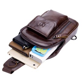 Hebetag Leather Sling Bag Hiking Daypack for Men Women Outdoor Travel Camping Fishing Crossbody Shoulder Chest Pack Backpack, Coffee