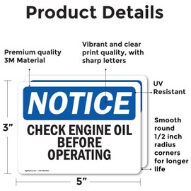 (2 Pack) Check Engine Oil Before Operating OSHA Notice Sign 5 Inch X 3.5 Inch Vinyl Label Decal Sticker Weather Resistant, UV Protected for Workplace, Business, and Construction Site, Made in the USA