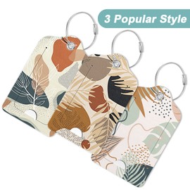 Hnogri 3 Pcs PU Leather Luggage Tags for Suitcase, Travel Cruise Luggage Tag with Privacy Flap, Name ID Label and Metal Loop for Women Men Baggage Handbag School Bag Backpack, Boho Plant