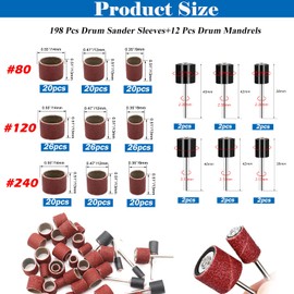 Tnisesm 210Pcs Aluminum Oxide Sanding Drum Set,Including 198 Pieces 80 120 240Grit Drum Sander Sanding Sleeves and 12 Pieces Drum Mandrels for Dremel Rotary Tool,Sanding Drums with Box