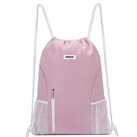 WANDF Drawstring Backpack Sports Gym Sackpack with Mesh Pockets Water Resistant String Bag for Women Men Children (Pink)