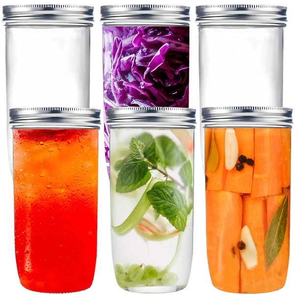 24 oz Mason Jars Wide Mouth,6 Pack Tall Mason Jars