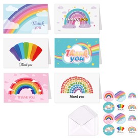KEEHOM Thank You Cards Multipack of 12, Greeting Cards 15 * 10cm with Envelopes and Stickers, 6 Designs Blank Inside, for Teachers Birthdays Weddings Business Kids Family Friends (Rainbow)