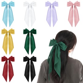 Nydotd 8pcs Large Satin Hair Bows for Women Girls Big Silky Layered Hair Bows Clips Oversized Long Tail Bow Hair Clips French Style Large Hair Ribbon Barrettes Metal Clips Bowknot Hair Accessories