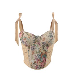 Women's Renaissance Corset Bra Vintage Floral Print Corset Vest Body Shaper Lace-up Bustier Full Breast Crop Top with Straps Steampunk Corset Push Up Medieval Bodice Camisole Tank Tops, light yellow