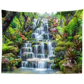 BELECO Forest Garden Waterfall Tapestry Wall Hanging Mountain Rocks Flowing Water Scenery Green Plants Trees Beautiful Nature Wall Tapestry for Home Bedroom Living Room Dorm Decor 80x60 Inches