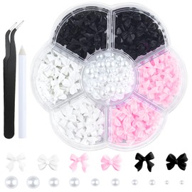 300Pcs 3D Bow Nail Charms and Flatback Pearls Set,Black White Pink Bowknot,Bow-Knot Nail Stud Rhinestones Crystal,Nail Art Charms,Nail Art Supplies,for Manicure DIY,Nail Art Design,Jewelry Decoration