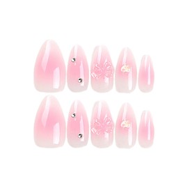 Pink Press on Nails Medium Almond Fake Nails Heart False Nails Press ons with Designs 3D Bow Acrylic Glossy Full Cover Glue on Nails Rhinestones Artificial Stick on Nails for Women Manicure 24 Pcs