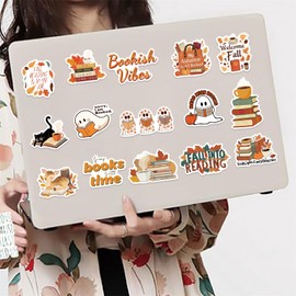 50Pcs Fall Into Reading Stickers Pack for Kindle Waterproof Vinyl Fall Bookish Stickers for Kids Teens Adult and Bookworm Funny Black Cat and Ghost Bookish Decals Laptop Book Phone Stickers