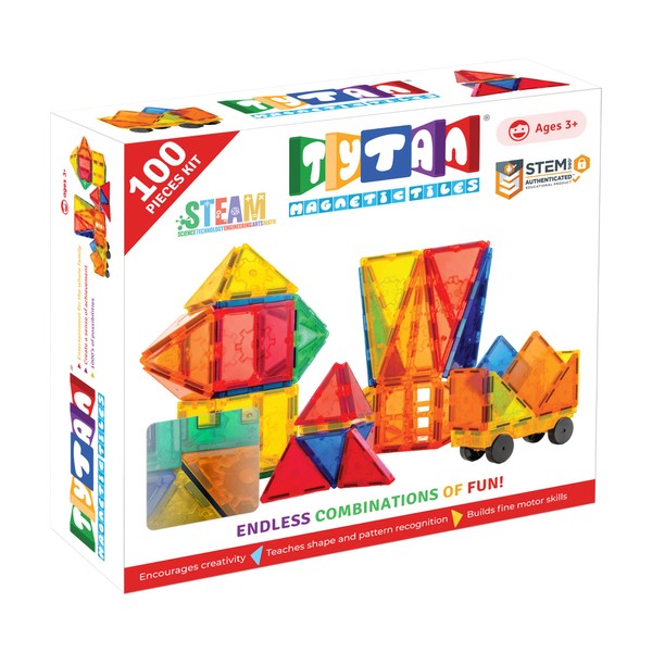 Tytan Tiles 100-Piece Magnetic Tiles Building Set, 1000s of Creations, Race Cars, 3D Structures, Ergonomic Design, Kids’ STEM Toy, Architecture, Innovative Play, Includes Storage Bag, Ages 3+