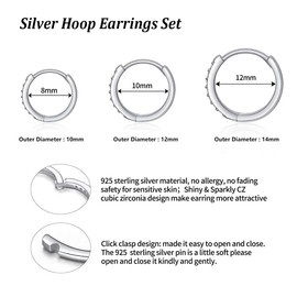 Hasnsofie Hoop Earrings Silver Women's Earrings, 3 Pairs 925 Sterling Silver Hoop Earrings Set, Hypoallergenic Small Sleeping Hoop Earrings with AAA Zirconia, Silver Hoop Earrings Set in 10, 12, 14
