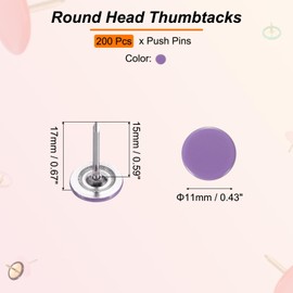 PATIKIL 0.43 Inch Push Pins, 200 Pack Flat Round Head Push Pin Decorative Map Thumb Tacks with Metal Point for Cork Board, Purple