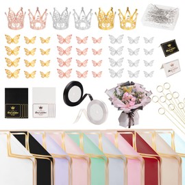 Fesorsi 50 Sheet Flower Wrapping Paper,10 Color Floral Paper,Waterproof Floral Bouquet Wrapping Paper with 234 Pcs Florist Supplies of Butterflies, Ribbons,Pins for DIY Crafts Wedding Birthday Gift