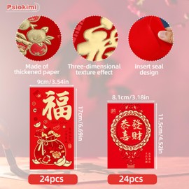 48 Pcs Chinese New Year Red Envelopes, 2 Sizes Lunar New Year Hong Bao, Classic Chinese Patterns Red Packet Lucky Money Envelopes Gold Foil Red Envelopes for Chinese Spring Festival