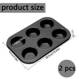 2Pcs Non-Stick 6-Cup Muffin Pan for Baking, Carbon Steel Cupcake Baking Tray, Stackable Cupcake Molds, Dishwasher Safe - 10.4 x 7.3 x 1.1 Inches (Black)