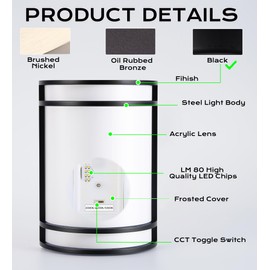 CLOUDY BAY LED 3 Color Wall Sconce,Wall Lighting,3000K/4000K/5000K Color Temperature Adjustable Wall Mount Light Fixture,15W 120V Dimmable CRI 90+ LED Wall Light,Black