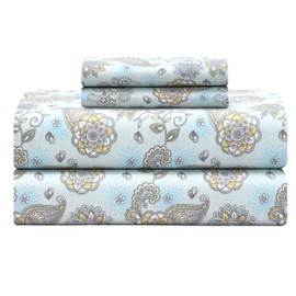 Feather & Stitch Softest 100% Cotton Sheets, 300 Thread Count Percale Weave Bedding, 16" Deep Pocket, Cooling Sheets, Breathable Bed Set, Hotel Premium Quality (Full, Aqua Paisley)