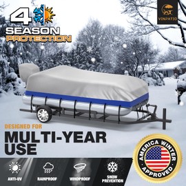 Pontoon Boat Cover Trailerable + Motor Cover, Pontoon Cover Heavy Duty 800D Solution-Dyed Polyester UV Resistant Marine Grade Waterproof Pontoon Boat Covers Fits 25'-28' L, Blue-Silver