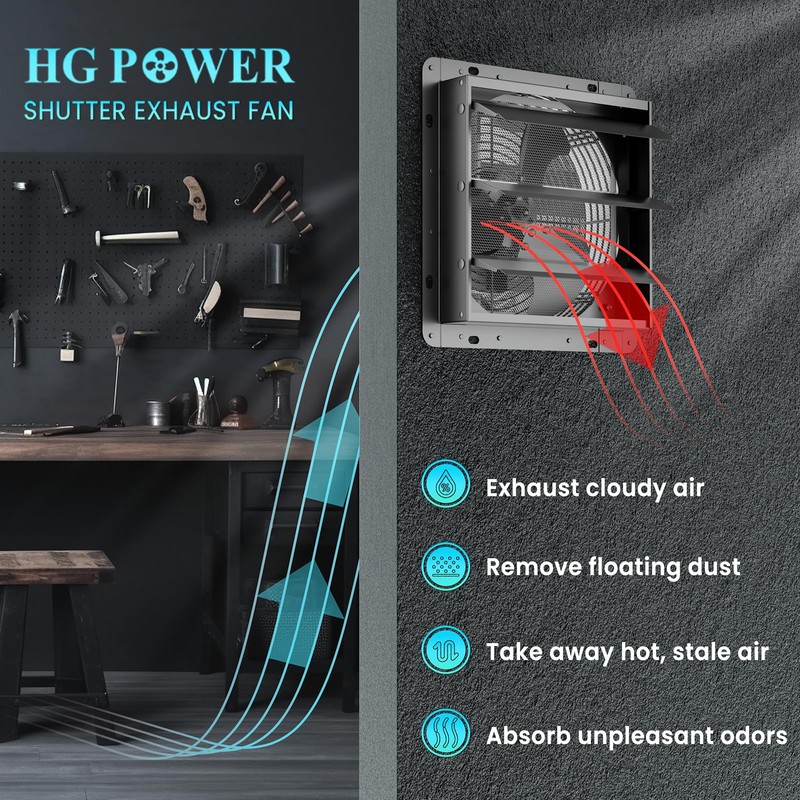 HG Power 12 Inch Shutter Exhaust Fan, 764CFM High-Speed, 1400RPM