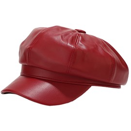 XYIYI Women's Fiddler Cap Newsboy Hat PU Leather Visor Beret Cap Paperboy Gatsby Hat, red
