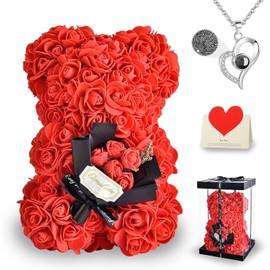 Rose Bear Mother's Day Flower Gifts for Women with Necklace, Cute Teddy Flower Bear for Her Wife Girlfriend Mom Sister Friends, Birthday Presents for Girl, Cute Romantic Gifts with Box and Card, Red
