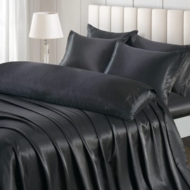 Ersmak 7 Pieces Satin Sheets Set King Size, Luxury Silky Black Satin Bed Sheets Set with 1 Deep Pocket Fitted Sheet, 1 Soft Flat Sheet, 4 King Pillowcases and 1 Body Pillowcase
