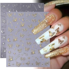 Star Moon Nail Stickers Butterfly Nail Art Stickers Decals 4PCS Silver Gold Butterfly Retro Star Moon Bronzing 3D Self-Adhesive Nail Decals Nail Art Supplies for Women Manicure Nail Art Decorations