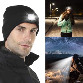 LED Beanie Hat Adults Hands Free Light Up Head Torch Walking Running Fishing Work Cycling Mens Jogging Camping Night Gift for Him Men Mans Present Dad Husband Boyfrined Birthday Cool Gadget Black