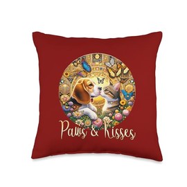 Art Nouveau Love Beagle Dog & Cat Kiss Butterfly Paws & Kisses Valentines Beagle Dog & Cat Throw Pillow, 16x16, Multicolor