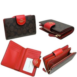 Visco Aireet Women's Bi-Fold Wallet Mail Order L-Shaped Wallet Signature Coated Canvas Medium Corner Zip Wallet Outlet Product, Walnut × Red