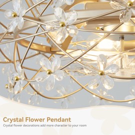 Phrylix 20 Inch Gold Chandelier Ceiling Fan with Light, Flower Modern fandelier Ceiling Fan with Remote Control, Flower Light Fixture Enclosed 6 Speeds for Girl's Bedroom, Nursery, Living Room