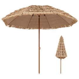 RELAX4LIFE 8FT Thatched Tiki Patio Umbrella - Hawaiian Style Hula Grass Umbrella w/8 Ribs, Portable Tropical Palapa Straw Shade for Garden Backyard Pool, Outdoor Straw Beach Umbrella