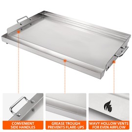 LotFun 25" x 16" Stainless Steel Cooking Griddle for Outdoor Gas Grill, Universal Griddle Flat Top Plate Insert with Grease Groove and Removable Handles for Electric/Charcoal/Gas Grill, Camping,Party