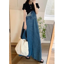 chouyatou Women's Adjustable Strap Distressed Denim Overall Dress A-Line Back Split Pinafore Bib Jean Dress (Medium, Blue)